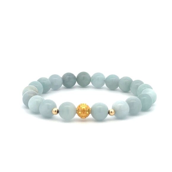Unbranded Jewelry - 18K Gold Money Ball Lucky Charm Beads Bracelet Gemstones Aquamarine 8mm
